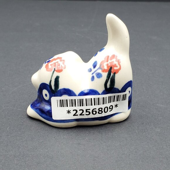 Polish Pottery Blue Eye Spring Cat Figurine Small Blue Red Floral Cat Statue - Picture 2 of 7